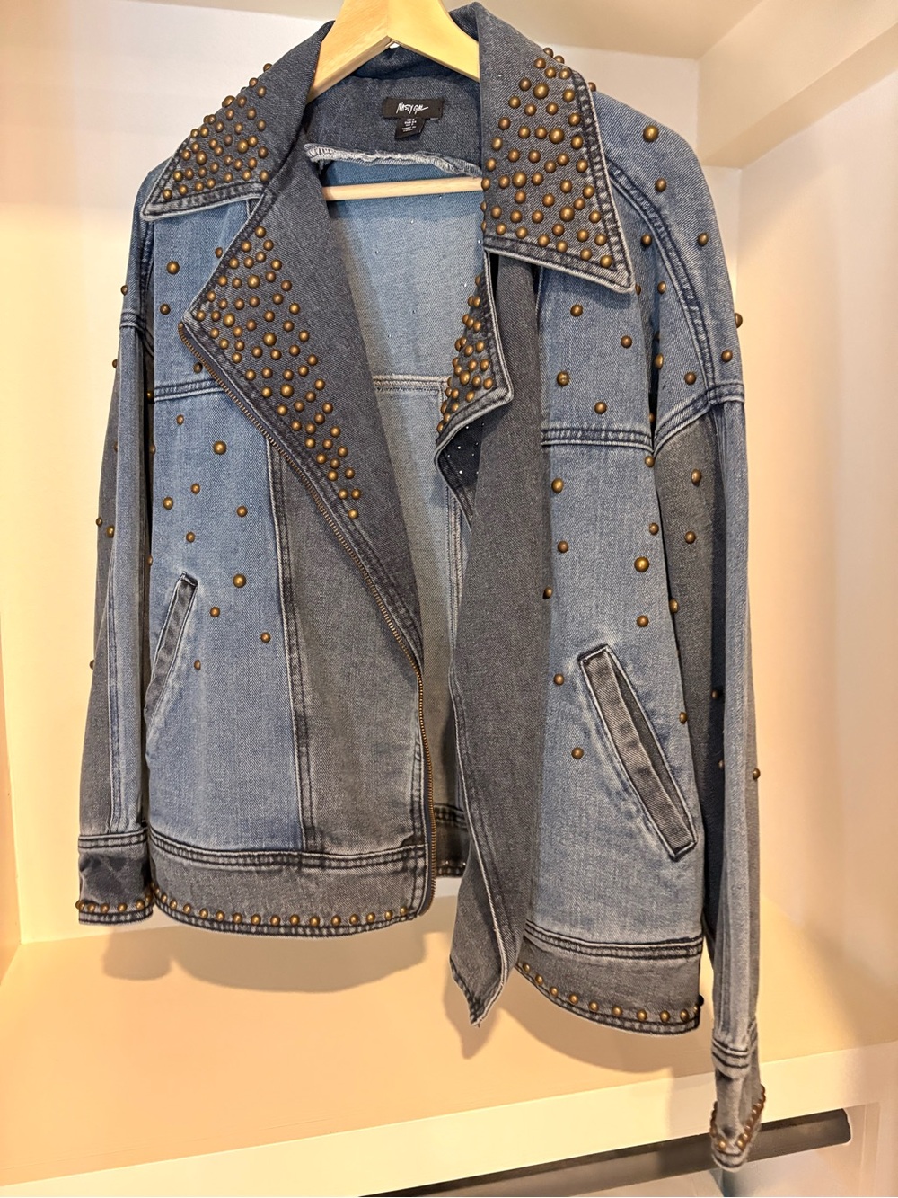 Nasty Gal Light Blue Denim Studded Moto Jacket - Picture 2 of 4